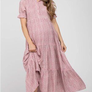 Pink Blush Maternity - Mauve Animal Print Button Front Tiered Maternity Midi